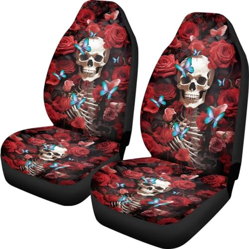 xixirimido Autositzbezüge mit Totenkopf-Motiv, komplettes Set, mit Rosen- und Schmetterlings-Skelett, Autopolster-Schutz, universelle Passform, SUV, Van, Limousine