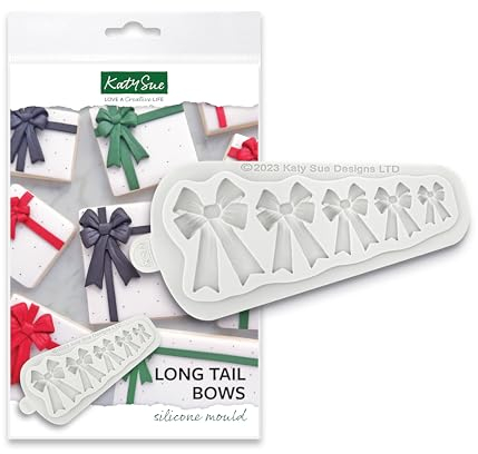 Katy Sue Long Tail Bows Silicone Mould for Cake Decorating, Cookie Decorating & Craft. Use with Fondant, Sugar Paste & Air-Drying Clay. Makes 5 Bows - Largest is 50 x 35 Millimetres by Katy Sue Moulds