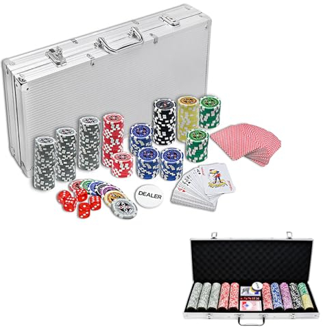 TANYEAR Pokerkoffer Pokerset mit 500 Chips Laser Pokerchips Pokerkarten Poker Chips Poker Komplett Set inkl. 2xPokerdecks, Alu Pokerkoffer, 5xWürfel, 3xDealer Button, Silber