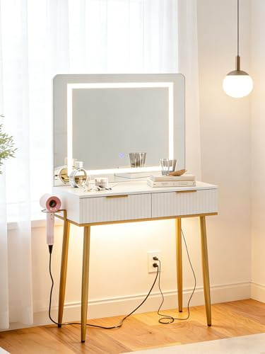HEYZOEY Dressing Table, Makeup Vanity Desk with Large Mirror and LED Lights, White Vanity Table with Drawers,3-Mode Lights,15.8 x 31.5 x 53.7,White with Golden Legs