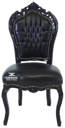 Accent Chair French Louis Baroque Style Dining Chair in Black Leather-Like for Home Décor