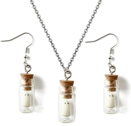 The Adopt a Ghost Necklace Earrings, Glow in The Dark Mini Glass Vial Bottle Jar Light Halloween Ghost Charms Decor Goth Necklaces Jewelry Weird Earrings Locket Pendant Spooky Decoration