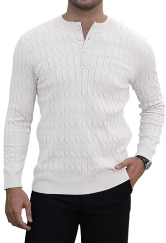 MLANM Mens Jumper Pullover Long Sleeve Knit Polo Shirt Textured Sweaters Autumn Winter Casual Jumpers Business Lightweight Tops Henley Crew Neck Button Down Collar Basic Solid Color Tee, White L