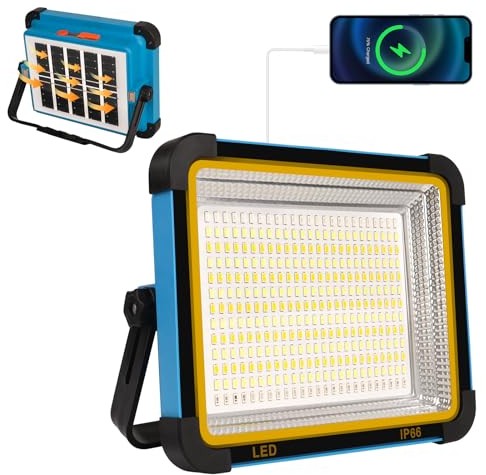 Projecteur LED Rechargeable 100W Portable Lampe Led avec Panneau Solaire 5 modes d'éclairage IP65 Étanche 10000mAh Lumière de USB Travail Lanterne pour Camping, Pêche, Chantier, Garage, Atelier