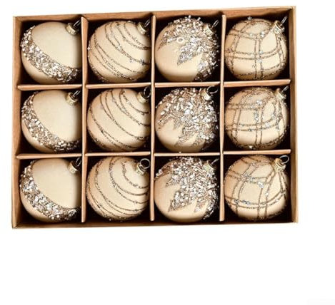 PETSTIBLE Weihnachtskugeln, 6 cm, 12 Stück, hochwertige beflockte Samt-Diamant-Pailletten, Weihnachtskugeln, Fenster-Aufhängung für Weihnachtsbaum-Dekorationen (beige)