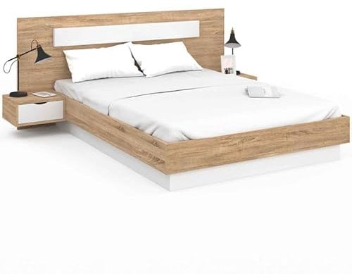 IDMarket - Lit Double Santa avec tête de lit + Tables de Chevet intégrées et sommier 140 x 190 cm Bois et Blanc