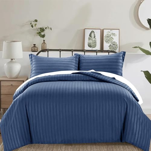 PRIME LINENS 4 Piece Duvet Cover Set Stripes Satin Quilt Cover Bedding Set with Pillowcase and Extra Fitted Sheet Included Machine Wash Hotel Quality (Royal Blue, King)