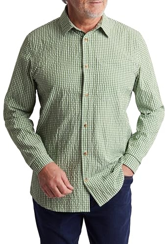 Rohan Men's Isle Long Sleeve Seersucker Gingham Shirt with Anti Odour Finish Lightweight & UPF 40+ Sun UV Protection - Alpine Green Gingham, Medium
