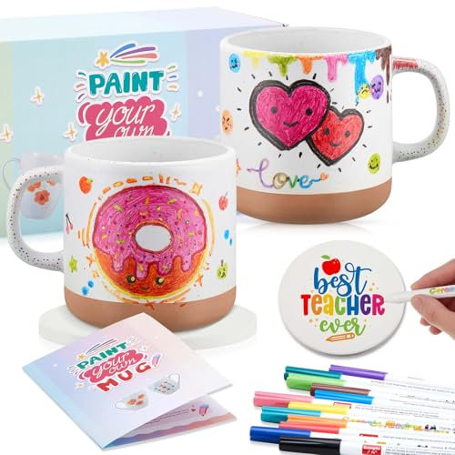 Geiserailie 2 Weiß Keramik Tassen Bemalen Set mit 2 Blanko Untersetzer 12 Porzellanstifte Tasse Bastelset Kaffeebecher DIY Geschenk für Erwachsene, Untersetzer Nicht im Ofen Erhitzen(Zweifarbig Stil)