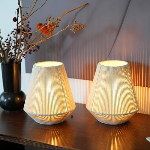 JHY DESIGN Set of 2 Woven Lampshade Table Lamps 21cm Tall Cotton Rope Bedside Light‌s Cordless Decorative Battery Operated Lamps with 6 Hours Timer for Bedroom Living Room Home Parties Patio Events
