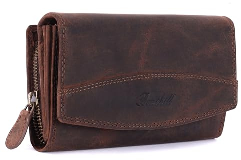 Benthill Geldbörse Groß Echt-Leder - Damen XL Portemonnaie mit RFID Schutz - Frauen Vintage Geldbeutel inkl. Geschenkbox, Farbe:Dark Brown (H)