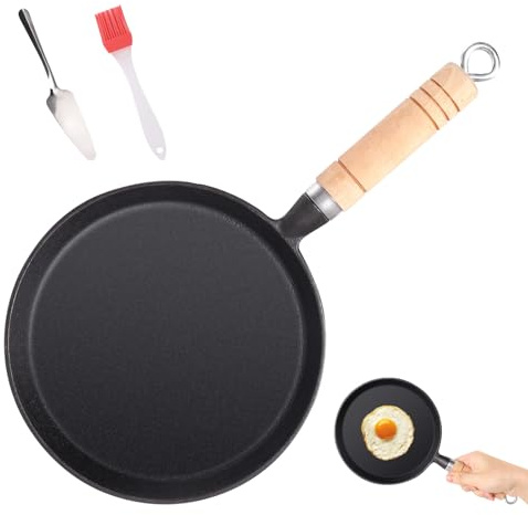 Padella in ghisa, 20 cm, Cast Iron Skillet, Cast Iron Frying Pan With Wooden Handle, padella rotonda in ghisa, piccola adatta per fornelli a gas, barbecue, fornelli elettrici, fornelli a induzione