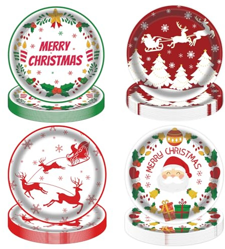 AHPYEUHK Christmas Paper Plates 48pcs 7 Inch Disposable Party Dessert Plates for Dinner & Festive Celebrations,Red & Green Christmas Tree, Santa & Reindeer (12pcsx4style)