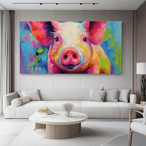 Bild auf Leinwand Ölgemälde Farbiges Schwein Tier Schlafzimmer Bilder Badezimmer Wand Deko Rosa Bunt Leinwandbilder als Geschenk personalisierte Kunstdruck zu drucke 150L x50B cm