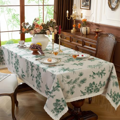 hometrixx Tischdecke Waldmuster Rustikal - Rechteckig Tischtuch 140x180cm Baumwollmix mit Spitze Tannenzapfen Vögel Druck Grün