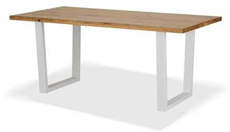 KHG Esszimmertisch Massivholz Eiche geölt mit U-Gestell Weiß - 180 x 90 cm - für 6-8 Personen - moderner Esstisch mit stabilem Metallgestell, Küchentisch bis 100 kg belastbar