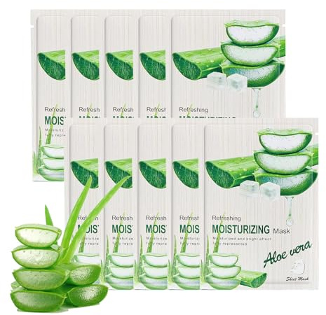 10 Stüc Aloe Vera Gesichtsmaske - Korean Skincare Set - Feuchtigkeitsspendende Gesichtsmasken für Frauen & Männer - Beruhigende Sheet Mask mit Bio Aloe - Erfrischend und Tiefenreinigung
