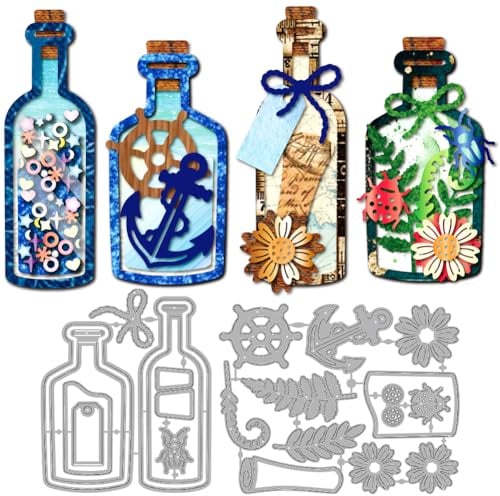 MAYJOYDIY Driftflaschen Metall Stanzformen Nachrichtenflaschen Prägevorlage | Ozeanschiff Anker Prägeschablonen, Flasche im Meer Stanzschablonen, Für DIY Papierbastelkarten Scrapbooking Album Dekoration