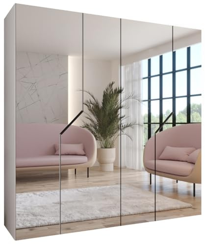 MEBLE KRYSPOL - Kleiderschrank - Garderobenschrank - 200 cm x 202 x 52 cm - Schrank mit Kleiderstange und Spiegel, 4 Türen - für Schlafzimmer, Flur - Andrew, Weiß, Griff Schwarz