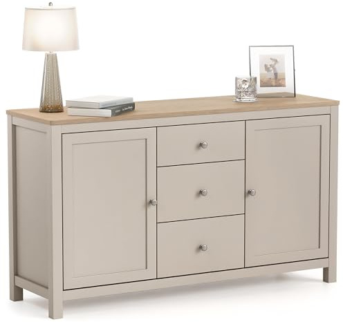 CHRISTOW Sideboard Storage Cabinet with Oak-Effect Top, 3 Drawers & 2 Cupboards with Adjustable Shelves, Living & Dining Room Furniture, Sturdy MDF, Matte Painted Pebble Finish, H79 x W137 x D40cm