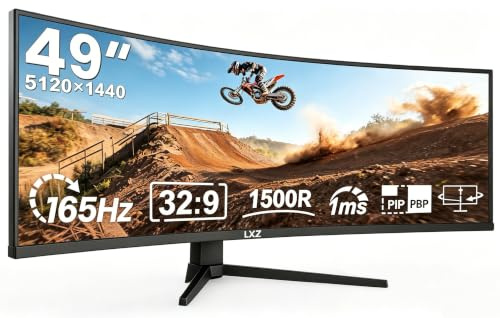 LXZ 49 Inch Curved Gaming Monitor 165Hz, 5120 x 1440P DQHD Ultrawide Curved Monitor 1500R, 32:9 Height-Adjustable PC Screen with FreeSync&G-Sync, 1ms MPRT, HDMI 2.1 & DP 1.4, VESA 75 x 75 mm