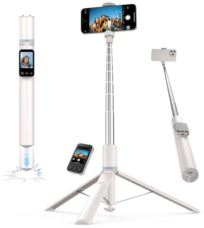 TELESIN 170CM 0,1S Auto Ouverture Trépied TéLéphone pour iPhone & Android | Perche Selfie Trépied avec TéLécommande Écran Intelligent Zoom/Focus Et Miroir D’ÉCran, Support pour Voyage, Vlog, Live