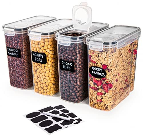 nuovva Cereal Storage Containers – 4Pcs Set Plastic Food Storage Containers – Practical Cereal and Liquid Dispenser and Container – Food Grade and BPA Free – Ideal for Cornflakes, Liquid storage