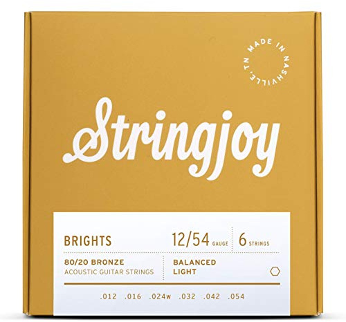 Stringjoy BB1254 Brights 80/20 Bronze Light Acoustic Guitar Strings, 12-54 Light Gauge, Guitar Strings Acoustic 6 String Set, Long-Lasting Tone, Smooth Playability, Premium Guitar Accessories
