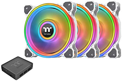 Thermaltake Riing Quad 120mm 16.8 Million RGB Color (Alexa, Razer Chroma) Software Enabled 4 Light Rings 54 Addressable LED 9 Blades Hydraulic Bearing White Case/Radiator Fan, 3 Pack, CL-F100-PL12SW-B