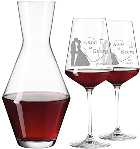 polar-effekt Juego de 3 copas de vino tinto y decantador de vino personalizado con grabado – Decantador de cristal, regalo para boda, para parejas de boda, diseño de novios