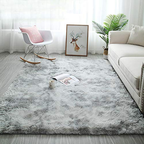 Tinyboy-hbq Mattor, fluffig sovrumsmatta, mjuk golvmatta, halkskydd, vardagsrumsmattor, lurviga plyschmattor för vardagsrum, heminredning (grå-vit, 135 x 185 cm)
