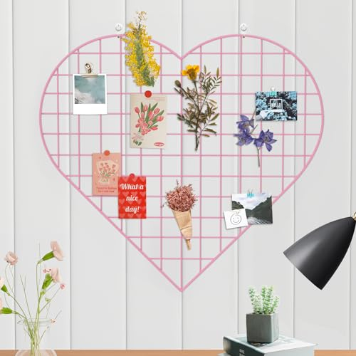 ECLENYES Grid Photo Wall Panels - 22.4x20.4 Heart Shape Iron Rack Art Wire Board, Wall Grid Organizer, DIY Photo Frame for Home, Office, Kitchen, Bedroom, Christmas Gifts - Pink