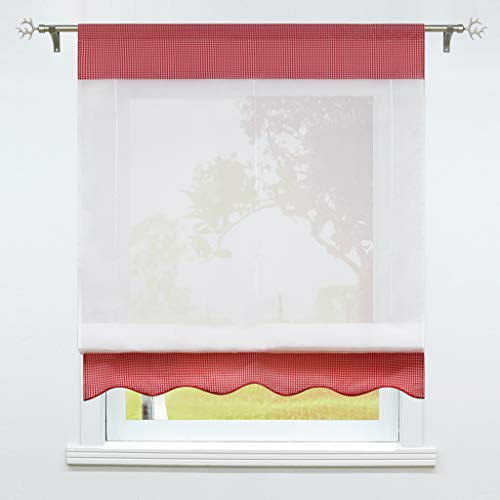 SCHOAL Raffrollo mit Tunnelzug Transparente Raffgardine Tunnelzugrollo Gardinen Landhaus Karierte Vorhang Voile 1 Stück BxH 60x155cm Rot