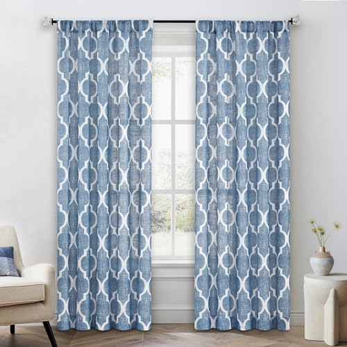 Beauoop Halbdurchsichtige Fenstervorhänge, marokkanischer Fliesendruck, Vierpass-Leinen, strukturierte Stangentaschen, Vorhänge für Bauernhaus/Wohnzimmer/Küche, 127.8 x 244.4 cm, Blau (2 Paneele)