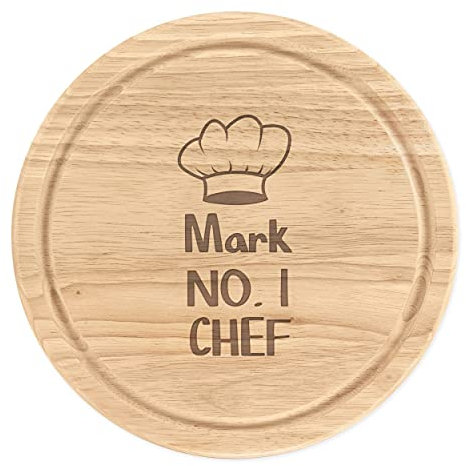 Personalizado Madera para Picar Tabla de Quesos Redondo 25cma Medida Nombre No.1 Gorro de Cocinero Chef