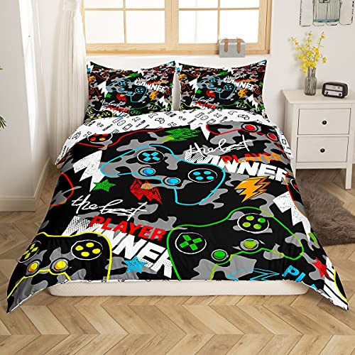Gamer Bettwäsche 140 x 200 cm, Kinder, Camouflage, Videospiele, Bettwäsche-Set, für Jungen, Jugendliche, grau, Camo, Gaming, atmungsaktiv, Game Player Room Decor