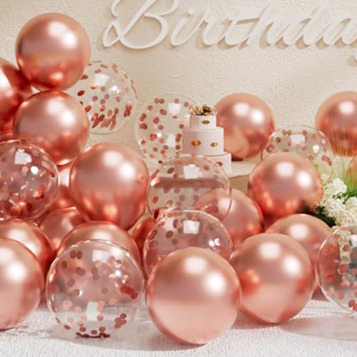 SUWEN Metallic Rosegold Luftballons und Konfetti Luftballons Set 47 Stück Helium Roségold Ballons für Geburtstag Jubiläum Party Deko