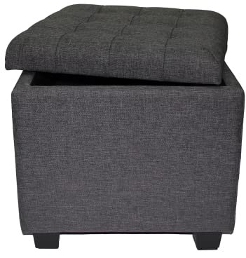 Requena Footstool Ottoman Storage Box, Wooden Frame Cube Pouffe for Living Room, Toy Chest & Dressing Stool with Lids for Bedroom, JD01-27 (Linen Dune-Grey)