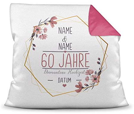 Kissen Hochzeitstag Diamantene Hochzeit - mit Name & Datum selbst gestalten - 60 Jahre Ehe, Geschenk Hochzeit, Jubiläum, Jahrestag - Hochzeit Farbkissen Rückseite Pink, 40x40 cm I Personalisiert