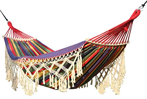 Momooda Garten Hängemattengestell 2 Personen mit Gebogener Holzstange für Camping Verdickte Hängematte mit Quaste für Innen Draussen Regenbogen 300cmx150cm