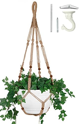 Shineloha Grande suspension de pot de fleurs en macramé de 109 cm pour pot de 30,5 cm + crochet extra long et grand) | Grand pot de fleurs suspendu pour plantes d'intérieur | Pas de pompon, corde en