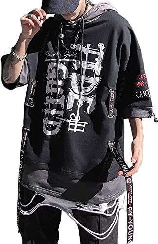 XYXIONGMAO Techwear Shirt Japanese Streetwear Hip Hop Shirts Men Graphic T Alphabet Design Workwear Gothic Hoodie, Black, XXL