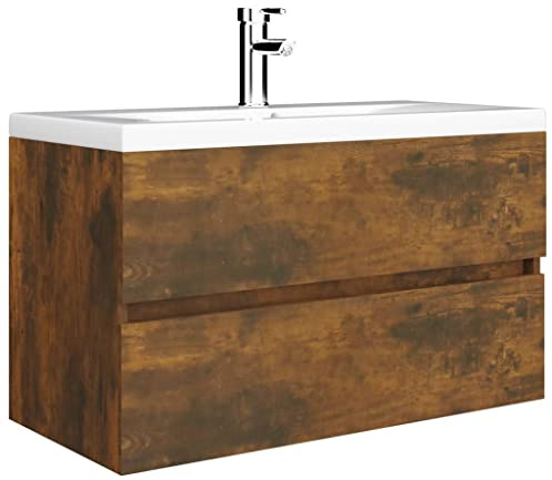 vidaXL Waschbeckenschrank mit Einbaubecken Räuchereiche Holzwerkstoff, Waschbeckenunterschrank, Badezimmermöbel, Waschtisch, Badezimmerschrank