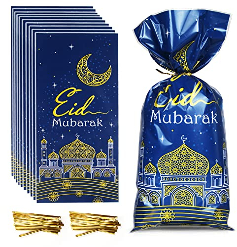 100 Stück Eid Mubarak Tüten, Ramadan Thema Geschenktüten Partytüten Säckchen, Ramadan Zellophan Tüte Kunststoff Goodie Tasche mit 100 Twist Krawatten für Eid Mubarak Party Deko(Blau)