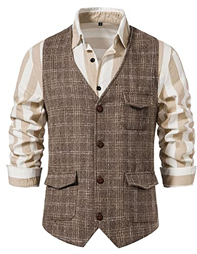 MakingDa Herren Karierte Weste, formell, ärmellos, V-Ausschnitt, kariert, Tweed, Business-Weste, Freizeitkleid, Anzugweste mit Tasche, coffee, XXL