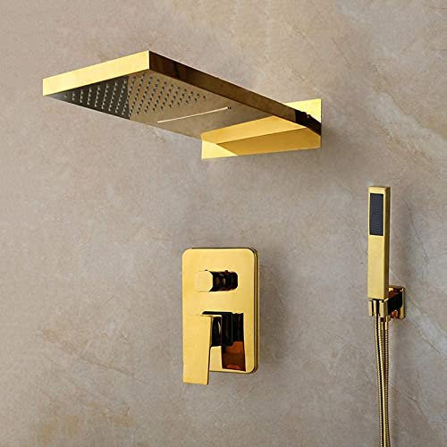 Luxus vergoldetes massives Messing Regen Wasserfall Badezimmer Dusche Hand 2 Funktionen Brausebatterie Badezimmer Dusche Sets