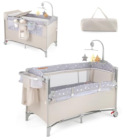 DREAMADE 4 in 1 Reisebett mit Matratze, 120 x 60cm Beistellbett Baby mit Rollen, Babybett Klappbar als Wickeltisch & Laufgitter, Kinderreisebett Baby ab Geburt (Beige)