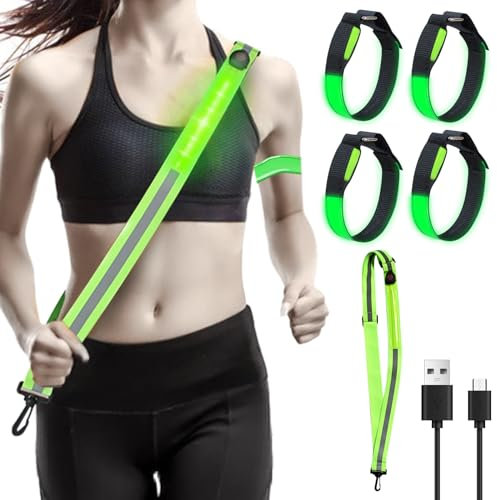 LED Reflektorbänder mit 4 LED Armband, Lauflicht Joggen mit Reflektoren Gürtel, Reflektor Gürtel USB Aufladbar, Hohe Sichtbarkeit Reflektoren Gurt, Reflektierender Sicherheitsgürtel für Fahrrad Laufen