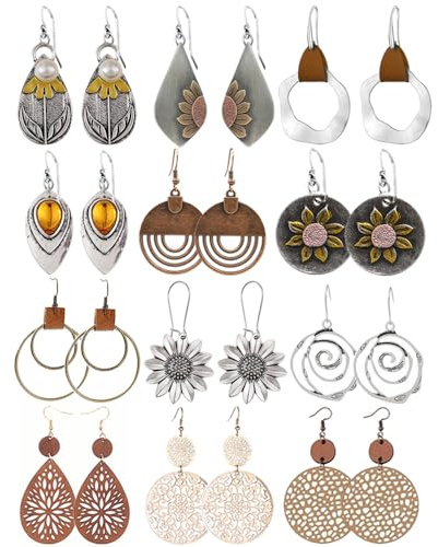 12 Pairs Boho Vintage Geometric Round Earrings Wooden Leather Ethnic Style Vintage Sunflower Earrings Christmas for Women