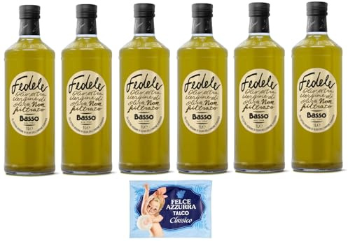 6er-Pack Basso Fedele Ungefiltertes Natives Olivenöl Extra,Olio Extra Vergine di Oliva Non Filtrato,1Lt Glasflaschen + 1er-Pack Kostenlos Felce Azzurra Talkumpuder, 100g-Beutel